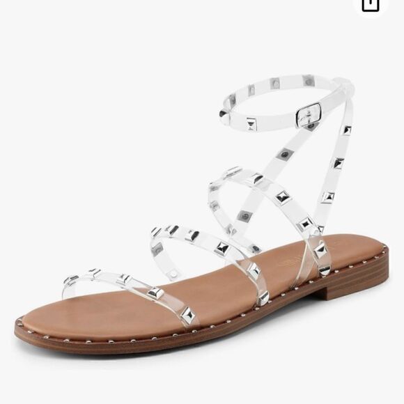 Dream Pairs CLEAR/RHINESTONE Studded Gladiator Strappy Flat Ankle Strap Sandal - Picture 11 of 14